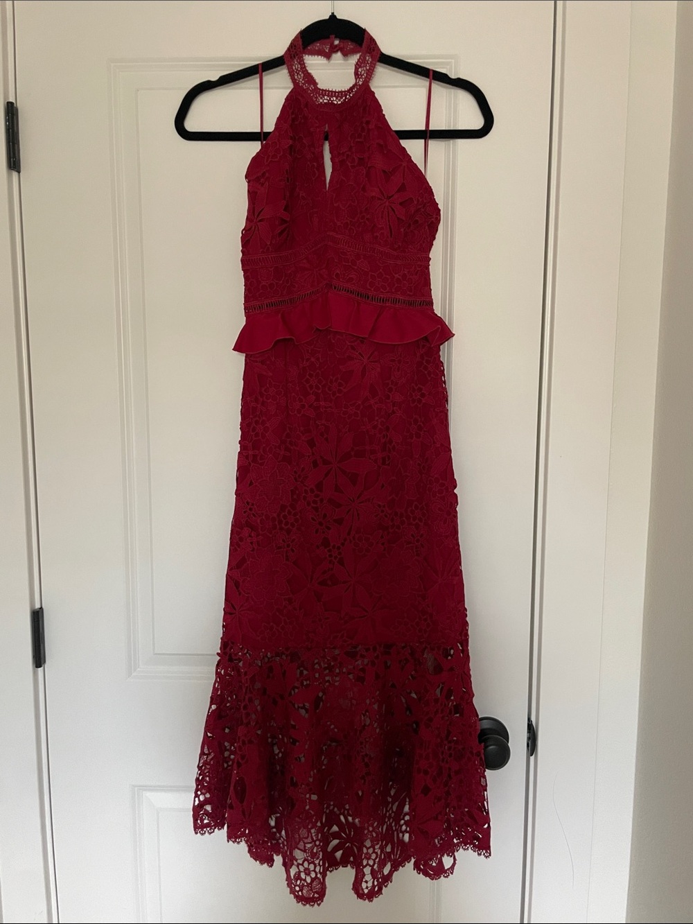 Red Lace Halter Midi Dress - Elegant Women's Cocktail Dress